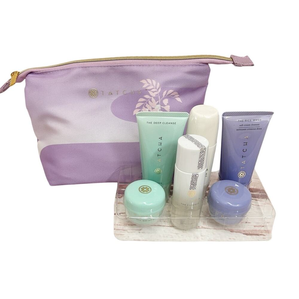 TATCHA Skincare Travel Ritual Set with Purple Pouch The Rice Wash Dewy Cream